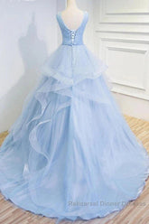 Sweetheart Blue Organza Ballgown V Neck Ruffles Appliques Semi Formal Prom Dresses Beautiful
